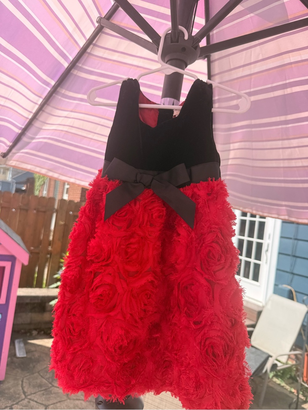Red Floral Rosette Party Dress with Black Bodice and Bow - girls’ size 3t